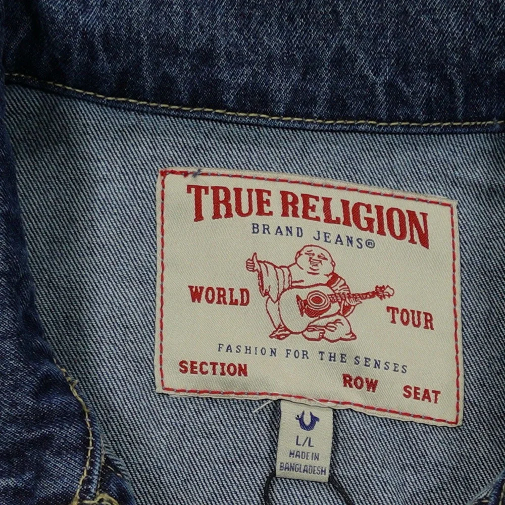 True Religion Jacket Mens Large Blue Jesse Trucker Denim Red Stitching New